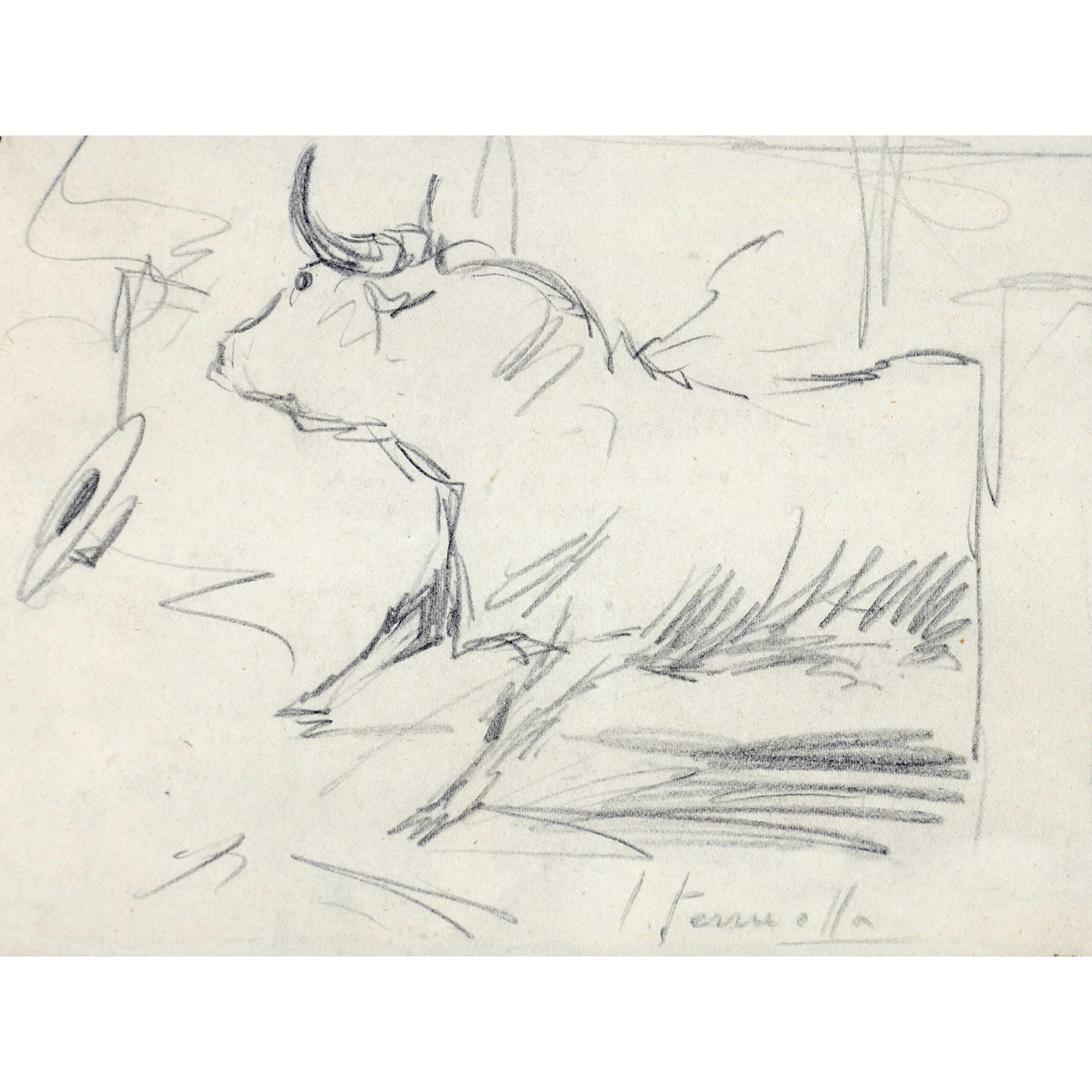 JOAQUÍN TERRUELLA MATILLA. Dibujo a lápiz. ""Escena taurina" JOAQUÍN TERRUELLA MATILLA. Dibujo a lápiz. ""Escena taurina"