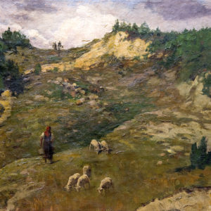 JOSÉ MORENO CARBONERO. Óleo sobre lienzo. "Paisaje de montaña, pastora".
