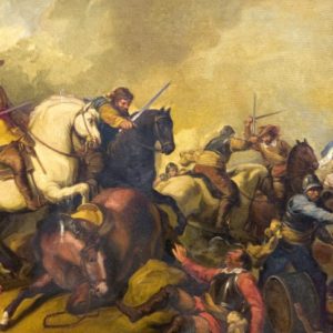 JUAN ANTONIO RODRÍGUEZ HERNÁNDEZ. Óleo sobre lienzo. "Batalla"