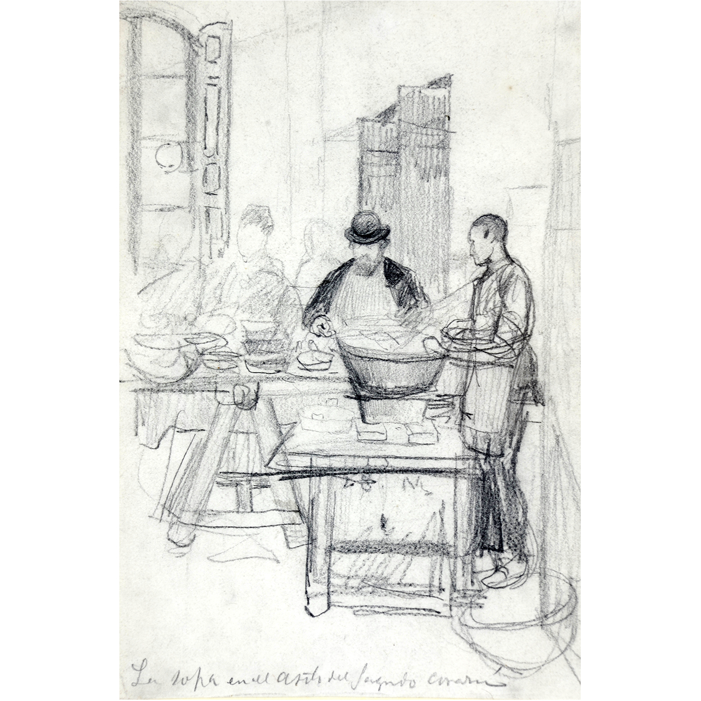 JUAN COMBA GARCÍA. Dibujo a lápiz y carbón. ""Escena de comedor" JUAN COMBA GARCÍA. Dibujo a lápiz y carbón. ""Escena de comedor"