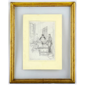 JUAN COMBA GARCÍA. Dibujo a lápiz y carbón. ""Escena de comedor"