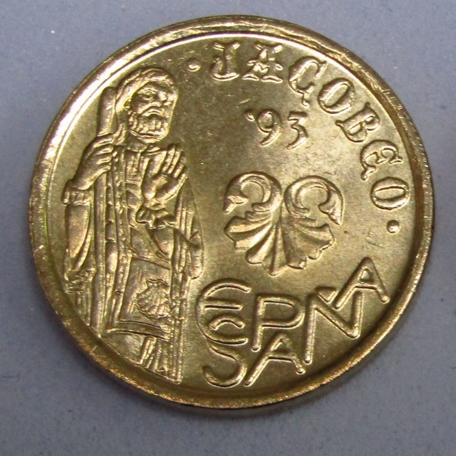Lote de dos monedas de 5 pesetas ,1993, Jacobeo. Una, variante cuño 5. SC.