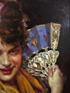 MANUEL OCAÑA. Óleo sobre tabla. "Según Madrazo, Aline Masson con abanico".