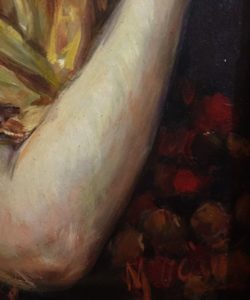 MANUEL OCAÑA. Óleo sobre tabla. "Según Madrazo, Aline Masson con abanico".