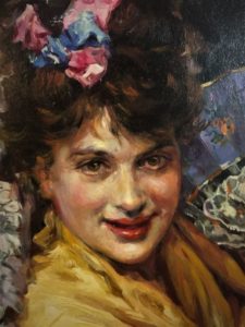 MANUEL OCAÑA. Óleo sobre tabla. "Según Madrazo, Aline Masson con abanico".