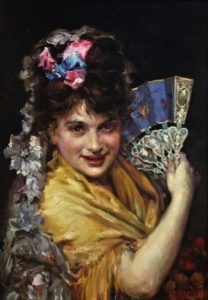MANUEL OCAÑA. Óleo sobre tabla. "Según Madrazo, Aline Masson con abanico".