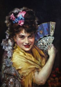 MANUEL OCAÑA. Óleo sobre tabla. "Según Madrazo, Aline Masson con abanico".