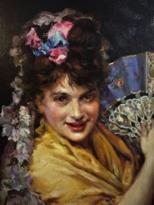 MANUEL OCAÑA. Óleo sobre tabla. "Según Madrazo, Aline Masson con abanico".