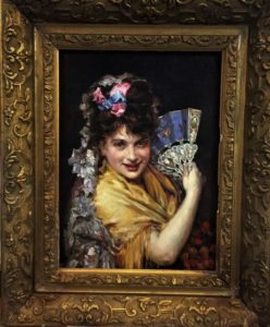MANUEL OCAÑA. Óleo sobre tabla. "Según Madrazo, Aline Masson con abanico".