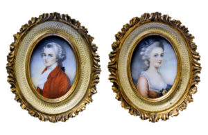 PAREJA DE MINIATURAS SOBRE DISCO OVAL DE MARFIL. Mozart (Músico) y su esposa, Sra. Weber. Siglo XIX