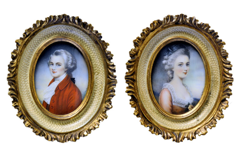 PAREJA DE MINIATURAS SOBRE DISCO OVAL DE MARFIL. Mozart (Músico) y su esposa, Sra. Weber. Siglo XIX