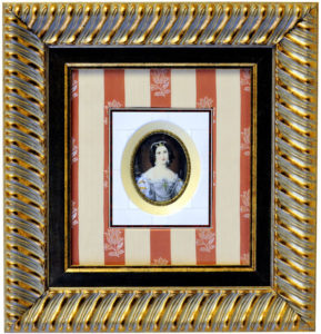 R. STIELER. Miniatura pintada sobre disco oval de marfil. Siglo XIX.