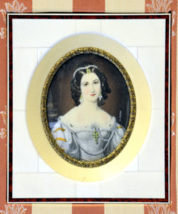 R. STIELER. Miniatura pintada sobre disco oval de marfil. Siglo XIX.