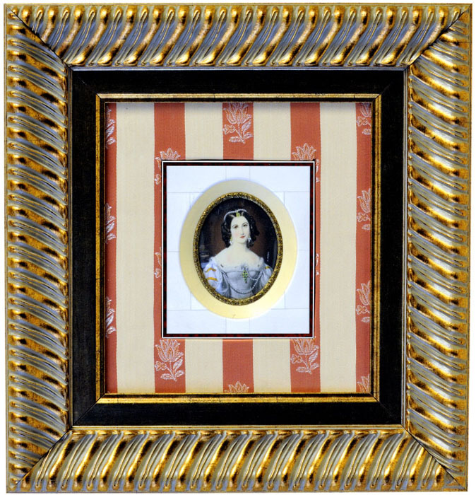 R. STIELER. Miniatura pintada sobre disco oval de marfil. Siglo XIX.