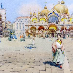 RAFAEL SENET PÉREZ. Acuarela sobre cartoncillo. "Plaza San Marcos, Venecia".
