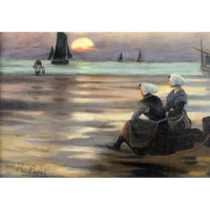 RAMÓN PUJOL. Óleo sobre lienzo. "Puesta de sol".