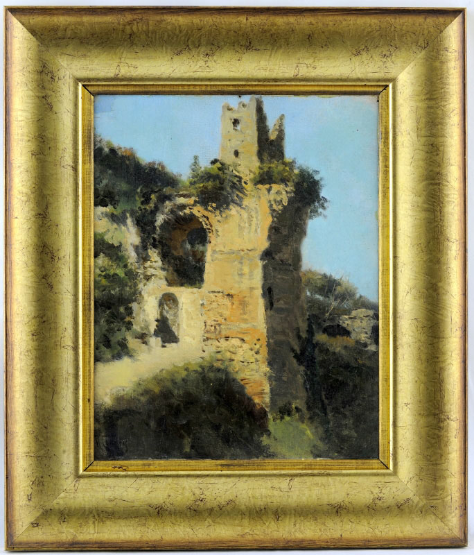 RAMÓN TUSQUET I MAIGNON. Óleo sobre cartón. ""Castillo en Ruinas"