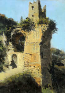 RAMÓN TUSQUET I MAIGNON. Óleo sobre cartón. ""Castillo en Ruinas"