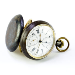 Reloj y cronógrafo de bolsillo para caballero, Remontoir. Finales XIX.