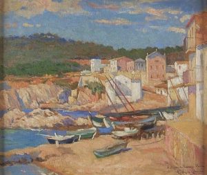 RICARDO LÓPEZ CABRERA. Óleo sobre Lienzo. ""Pueblo de Pescadores"