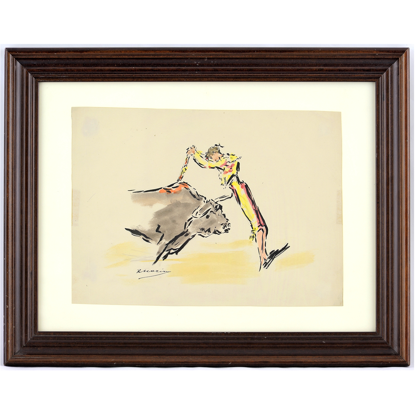 RICARDO MARÍN LLOBET. Ink and Watercolor Drawing. Bullfighting theme.