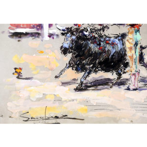SÁNCHEZ SAAVEDRA. Dibujo a plumilla, acuarela y técnica mixta. ""Escena taurina""