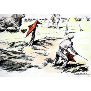 SÁNCHEZ SAAVEDRA. Dibujo a plumilla y acuarela. ""Escena taurina""