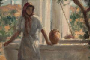 SANTIAGO MARTÍNEZ MARTÍN. Óleo sobre lienzo. "Jóven en el pozo".