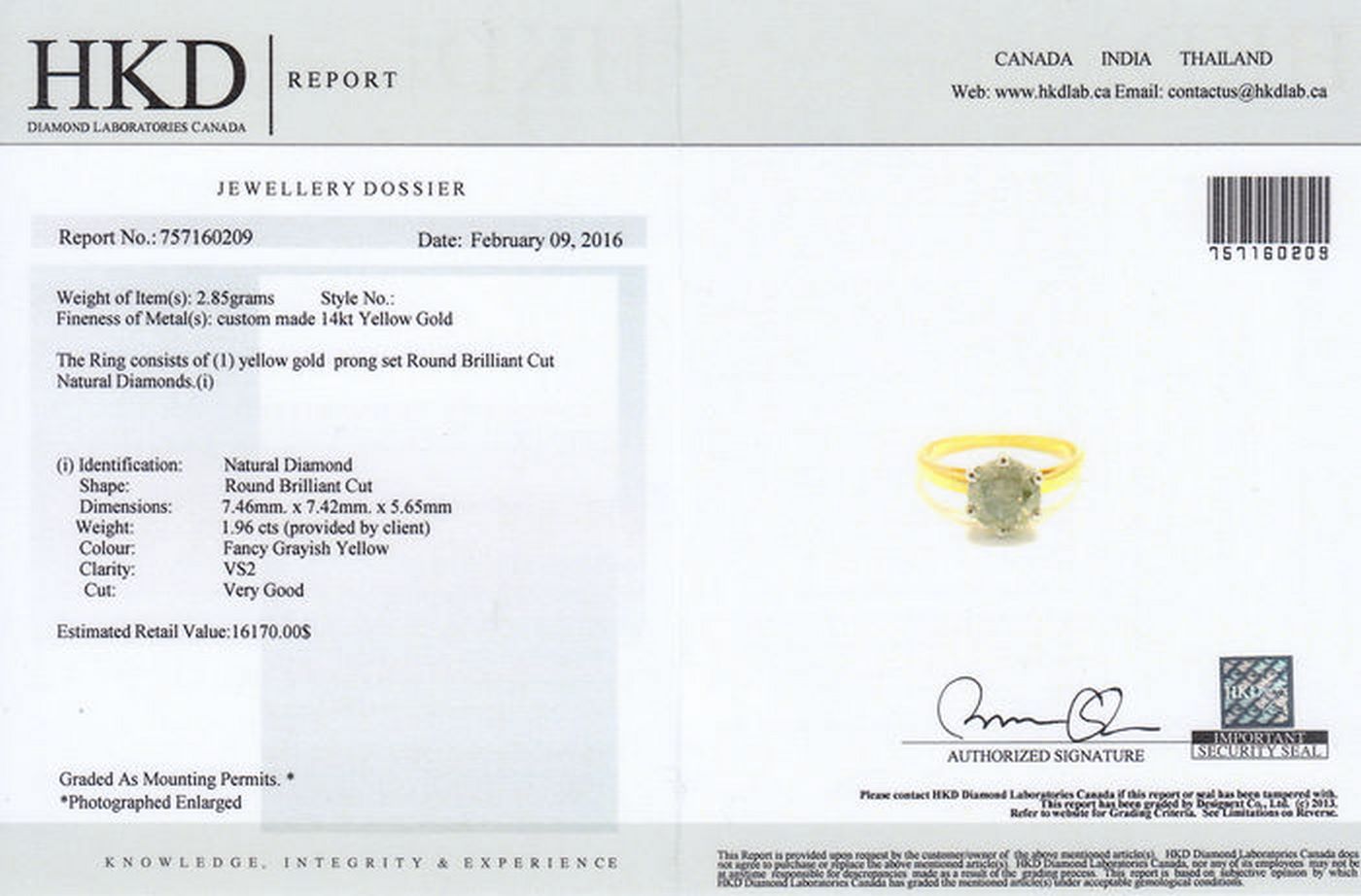 Solitario en Oro amarillo, con Diamante Natural talla Brillante de color Grisáceo fantasía Amarillo. Certificado. Solitario en Oro amarillo, con Diamante Natural talla Brillante de color Grisáceo fantasía Amarillo. Certificado.