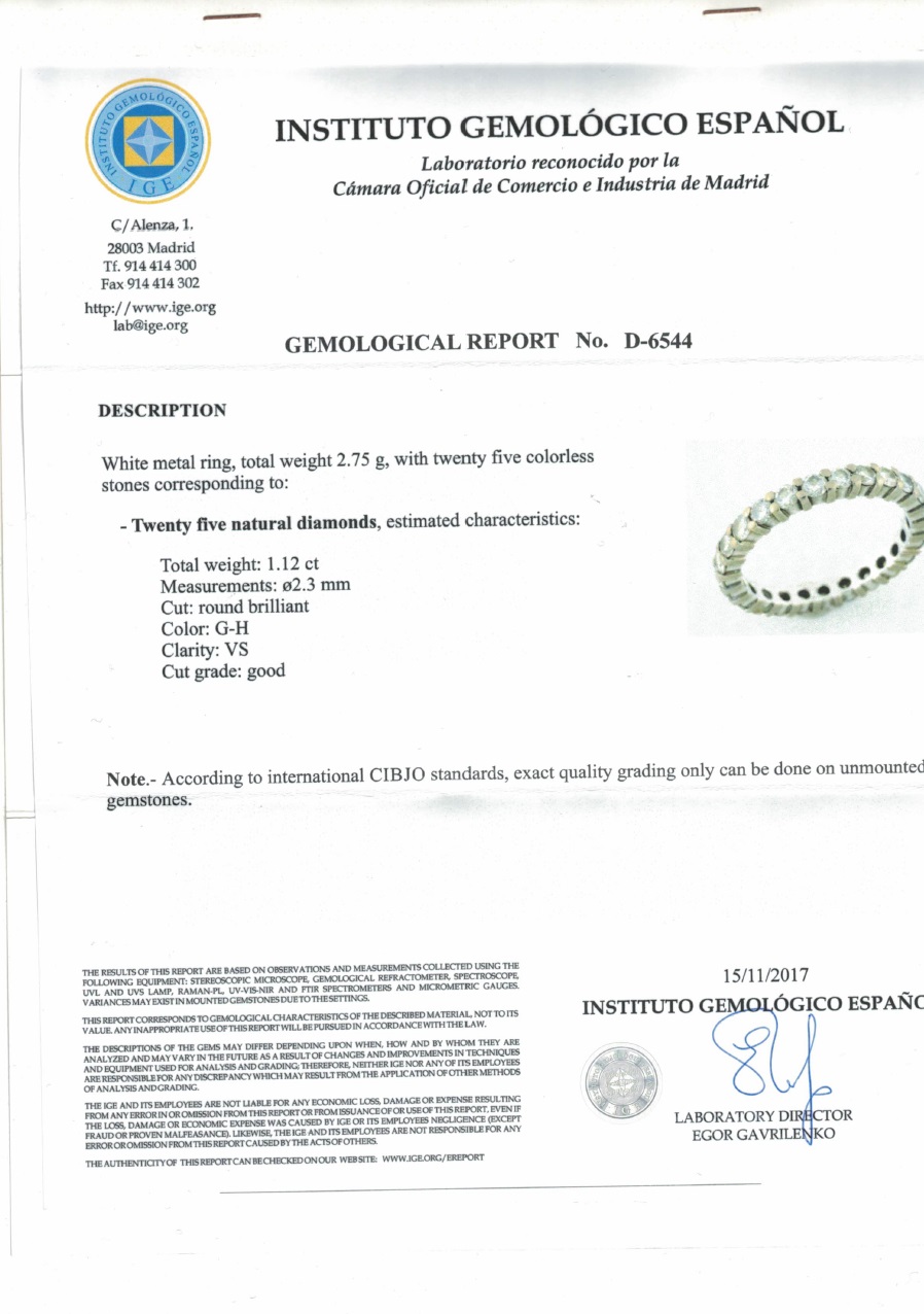 Sortija, Alianza de Pedida, en Oro de 18k con 25 Diamantes Naturales, Talla Brillante, de 1,12 ct. (G-H/VS). Certificado IGE. Sortija, Alianza de Pedida, en Oro de 18k con 25 Diamantes Naturales, Talla Brillante, de 1,12 ct. (G-H/VS). Certificado IGE.