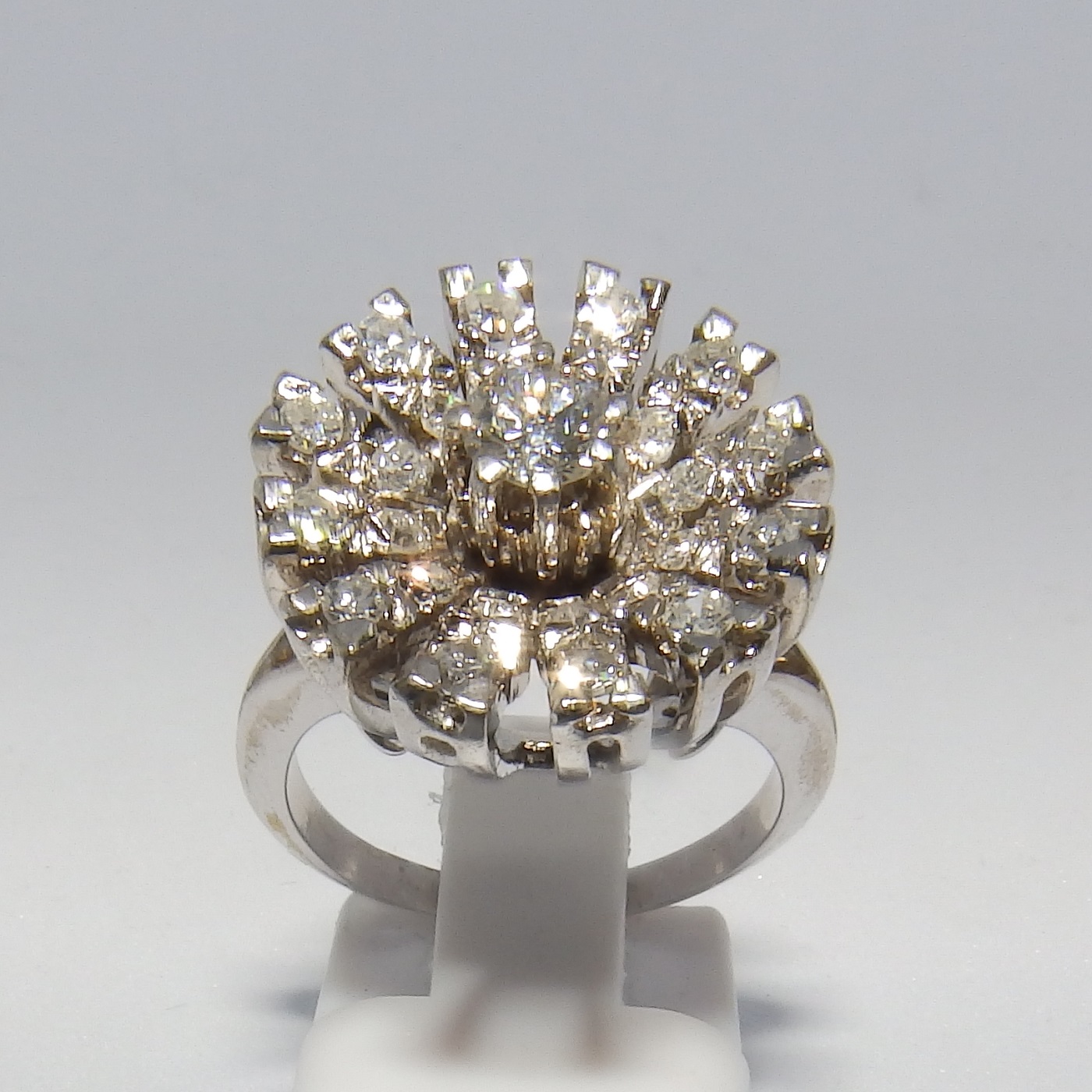 Sortija en Oro Blanco con Diamante Central, talla Brillante de 0,23 ct. (G-H/SI1) y 24 Diamantes Naturales, de 0,51 ct. (G-H/VS-SI). Certificado IGE. Sortija en Oro Blanco con Diamante Central, talla Brillante de 0,23 ct. (G-H/SI1) y 24 Diamantes Naturales, de 0,51 ct. (G-H/VS-SI). Certificado IGE.