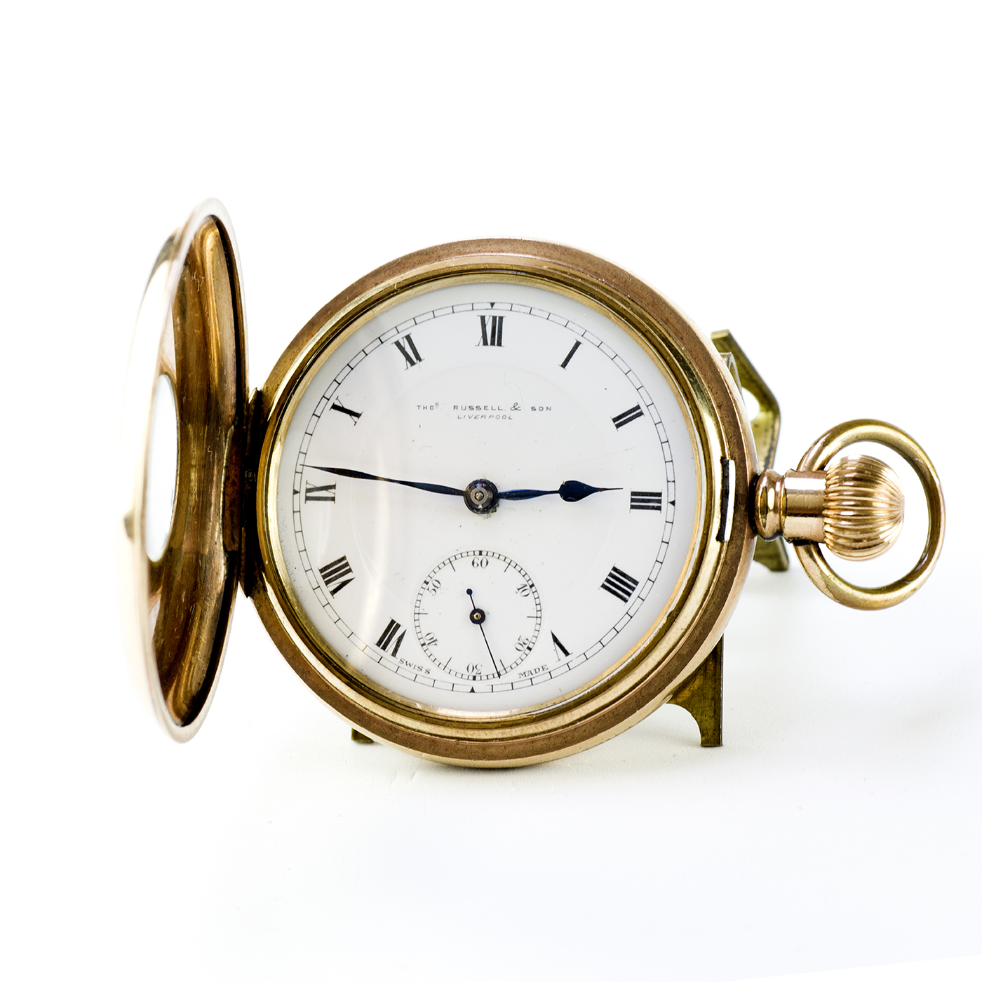 THOMAS RUSSELL & SON (Liverpool). Reloj de bolsillo, 1/2 saboneta (cazador), remontoir. Suiza, ca. 1880.