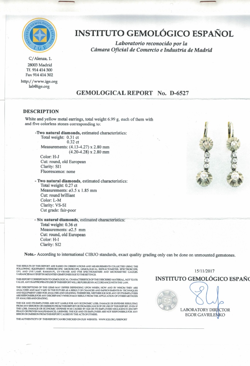 Juego de pendientes, en Oro Bicolor, con 10 Diamantes Naturales, Talla Brillante y Europea, con 1,26 ct. Total. Certificado IGE Juego de pendientes, en Oro Bicolor, con 10 Diamantes Naturales, Talla Brillante y Europea, con 1,26 ct. Total. Certificado IGE