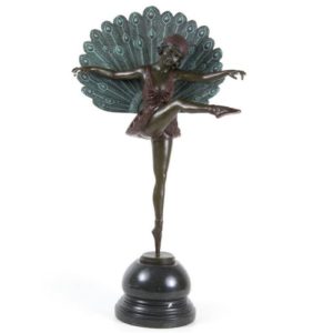 M.PELLIER. Escultura en Bronce, Art-Decó, de figura de Bailarina con plumas. Siglo XX