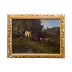 ANDRÉS CORTÉS AGUILAR. Óleo sobre lienzo. Escena campestre con vacas tipicas de la Escuela de Barbizón.
