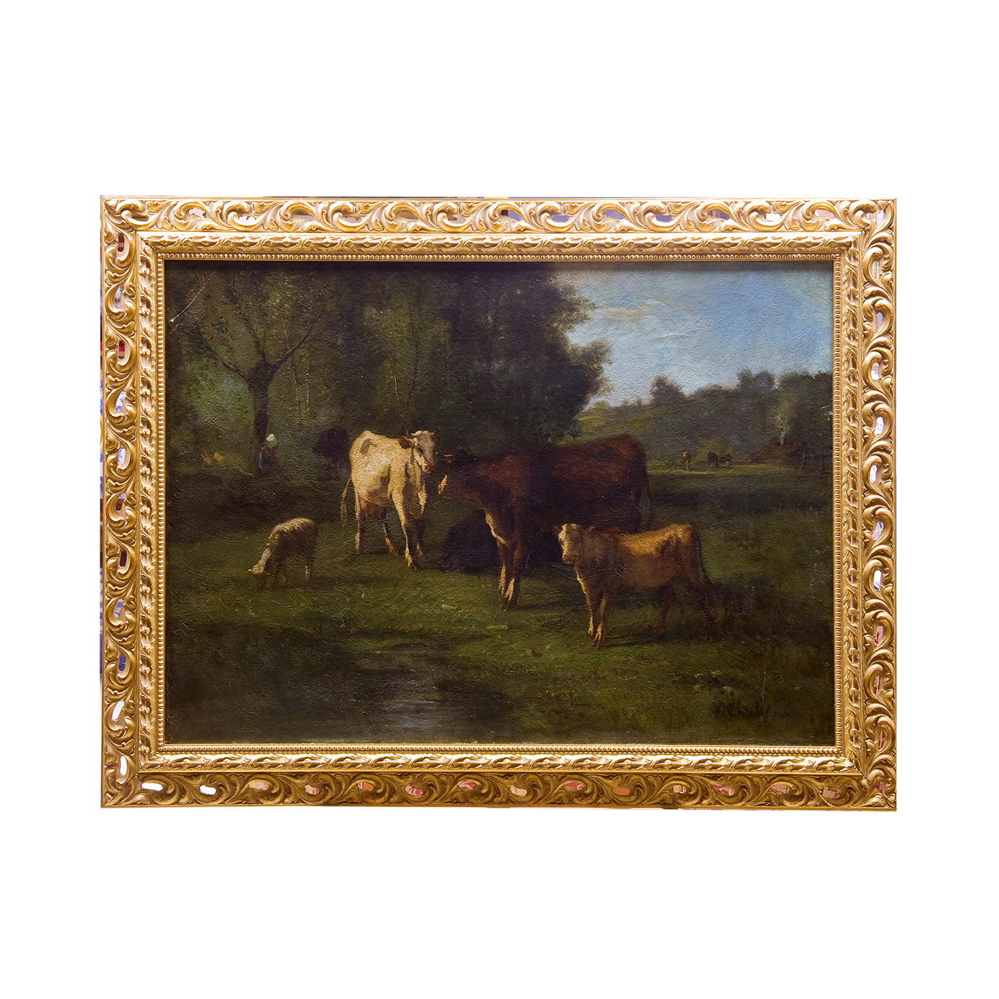 ANDRÉS CORTÉS AGUILAR. Oil on canvas. Country scene with typical cows from the Barbizón School.