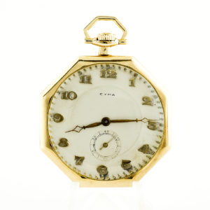 Cyma. Reloj de bolsillo de caballero, lepine y remontoir. Suiza, 1920. Oro 14k.
