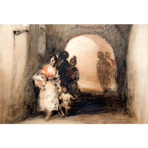 ANDRÉS MARTÍNEZ DE LEÓN. Dibujo a plumilla y colores. "Rincón Sevillano, 1951".