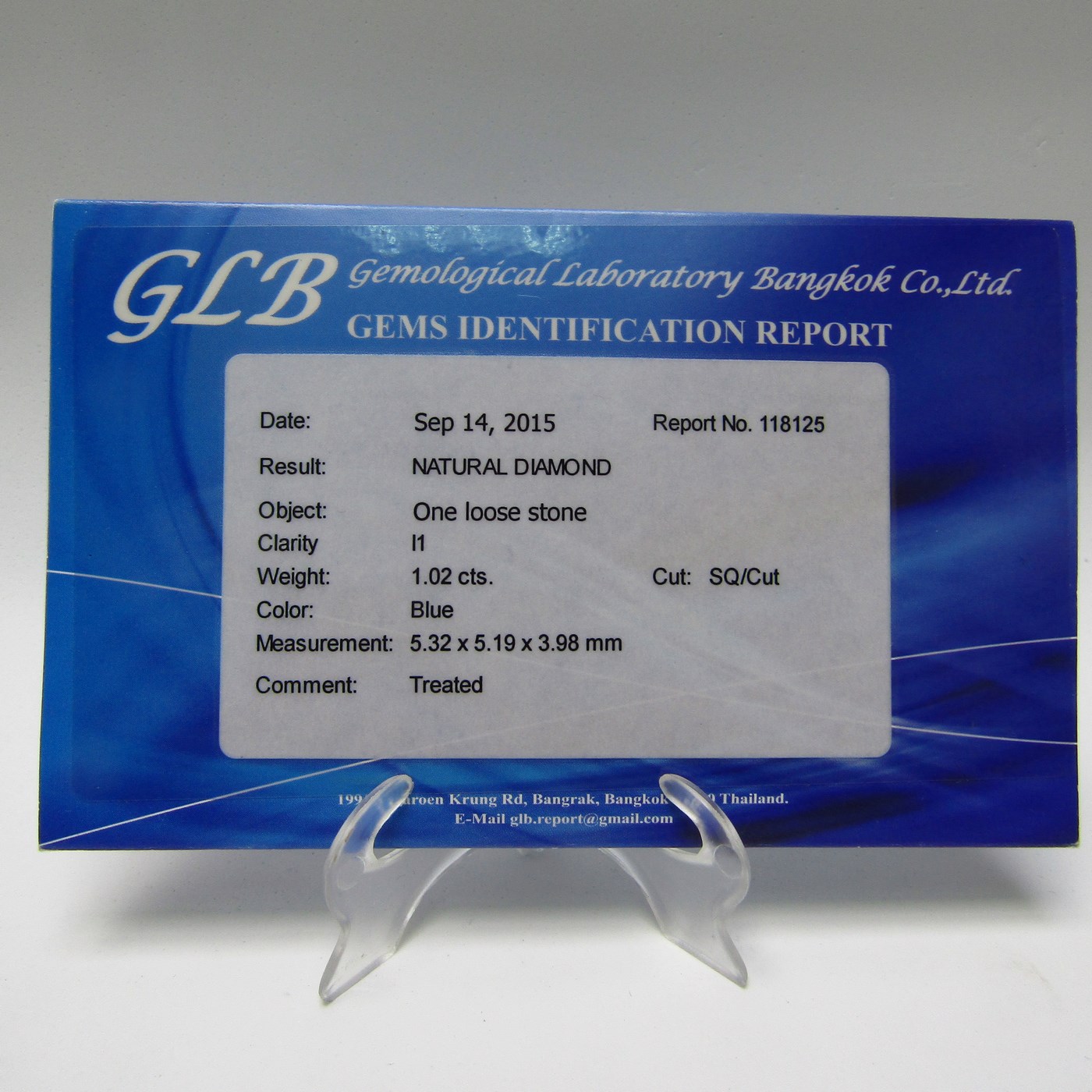 Diamante Natural talla Princesa de 1,02 ct. I1, Azul. Certificado GLB. Diamante Natural talla Princesa de 1,02 ct. I1, Azul. Certificado GLB.