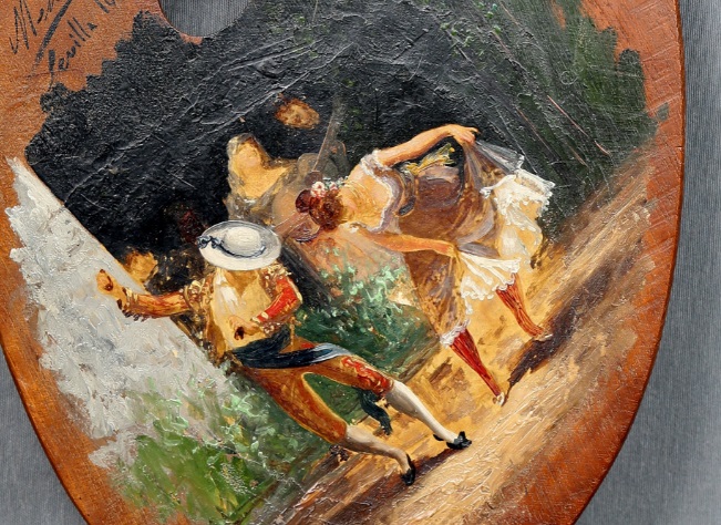 LUIS MENÉNDEZ PIDAL. Óleo sobre paleta de pintor. "Baile Andaluz". LUIS MENÉNDEZ PIDAL. Óleo sobre paleta de pintor. "Baile Andaluz".