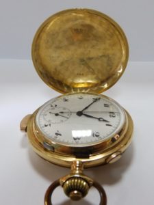 Reloj Cronógrafo de Bolsillo Repetición Horas y Cuartos - 1904. Oro 18k.
