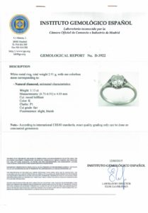 Solitario Oro de 18k. Con Diamante Natural Talla Brillante de 1,13 ct. (Certificado IGE). K/P1. 2,91 gr.