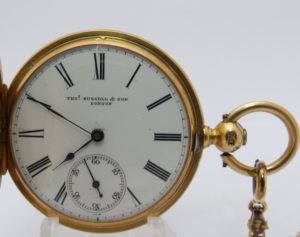 THOMAS RUSSELL. London. Reloj de bolsillo y colgar, saboneta. Oro de 18k. Ca.,1870-80.