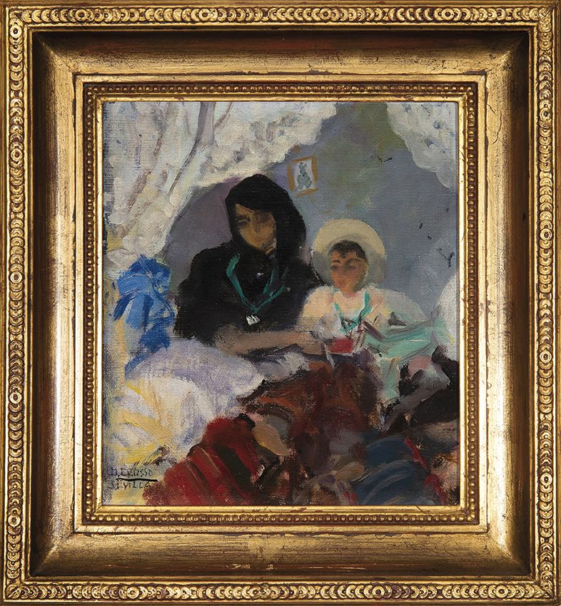 ALFONSO GROSSO. Pareja de Óleos sobre lienzo adheridos a tabla: "Escenas Rocieras". ALFONSO GROSSO. Pareja de Óleos sobre lienzo adheridos a tabla: "Escenas Rocieras".