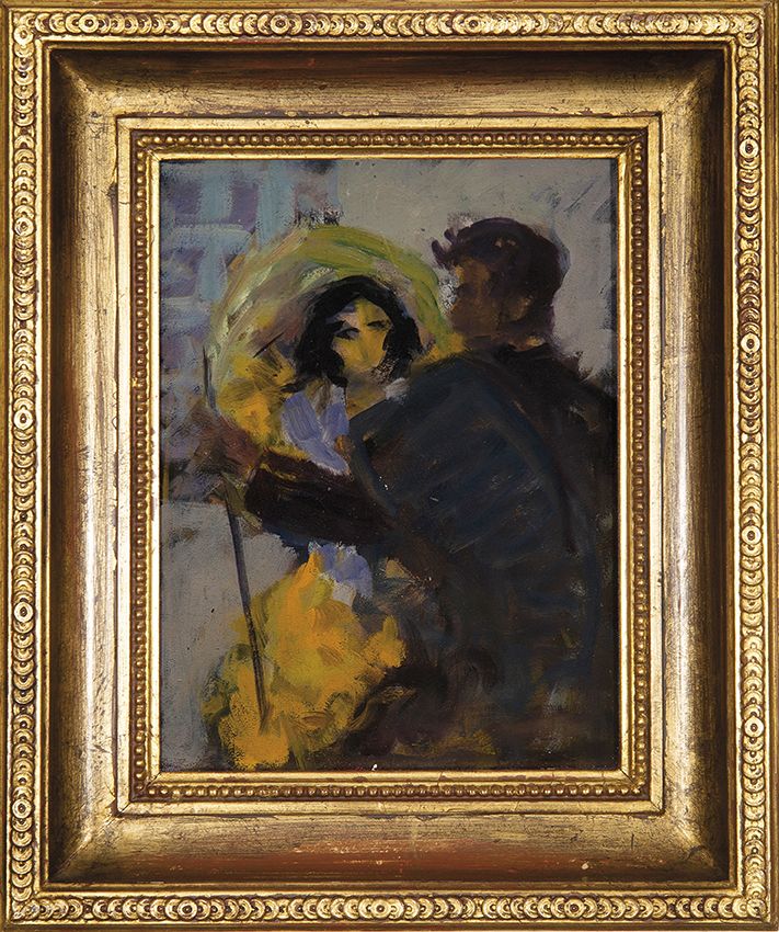 ALFONSO GROSSO. Pareja de Óleos sobre lienzo adheridos a tabla: "Escenas Rocieras". ALFONSO GROSSO. Pareja de Óleos sobre lienzo adheridos a tabla: "Escenas Rocieras".