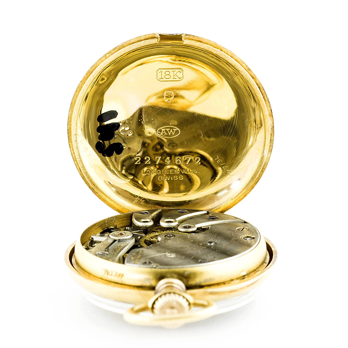Longines. Reloj de colgar abatible, lepine y remontoir. Suiza, 1907. Oro 18k. Longines. Reloj de colgar abatible, lepine y remontoir. Suiza, 1907. Oro 18k.
