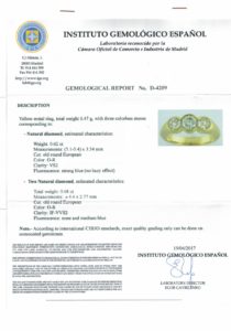 Sortija en Oro de 18k con tres Diamantes Naturales, talla Antigua Europea, de 1,30 ct. total (O-R/VS2-IF-VVS2). Certificado IGE.