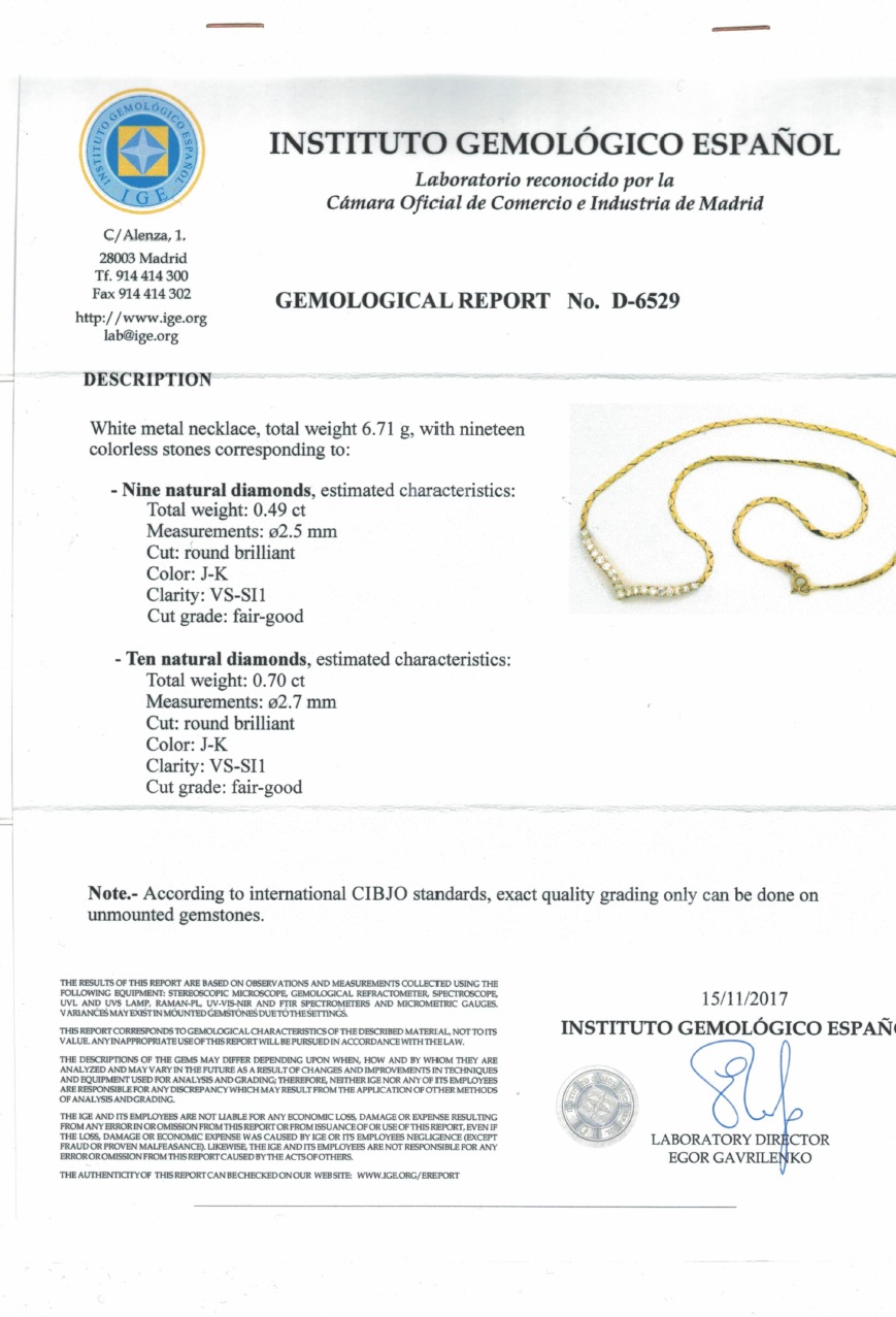 Gargantilla de Oro y Colgante con 19 Diamantes Naturales, talla Brillante, de 1.19 ct, Color, J-K. Claridad, VS-SI1. Certificado IGE. Gargantilla de Oro y Colgante con 19 Diamantes Naturales, talla Brillante, de 1.19 ct, Color, J-K. Claridad, VS-SI1. Certificado IGE.