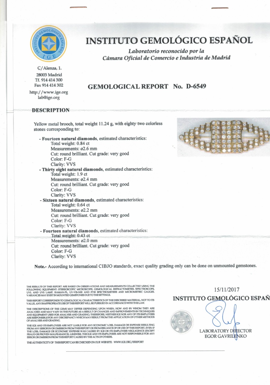 Gregory. Broche de Oro de 18k. Con 82 Diamantes Naturales, talla Brillante, de 3,81 ct. (F-G/VVS). Certificado IGE Gregory. Broche de Oro de 18k. Con 82 Diamantes Naturales, talla Brillante, de 3,81 ct. (F-G/VVS). Certificado IGE