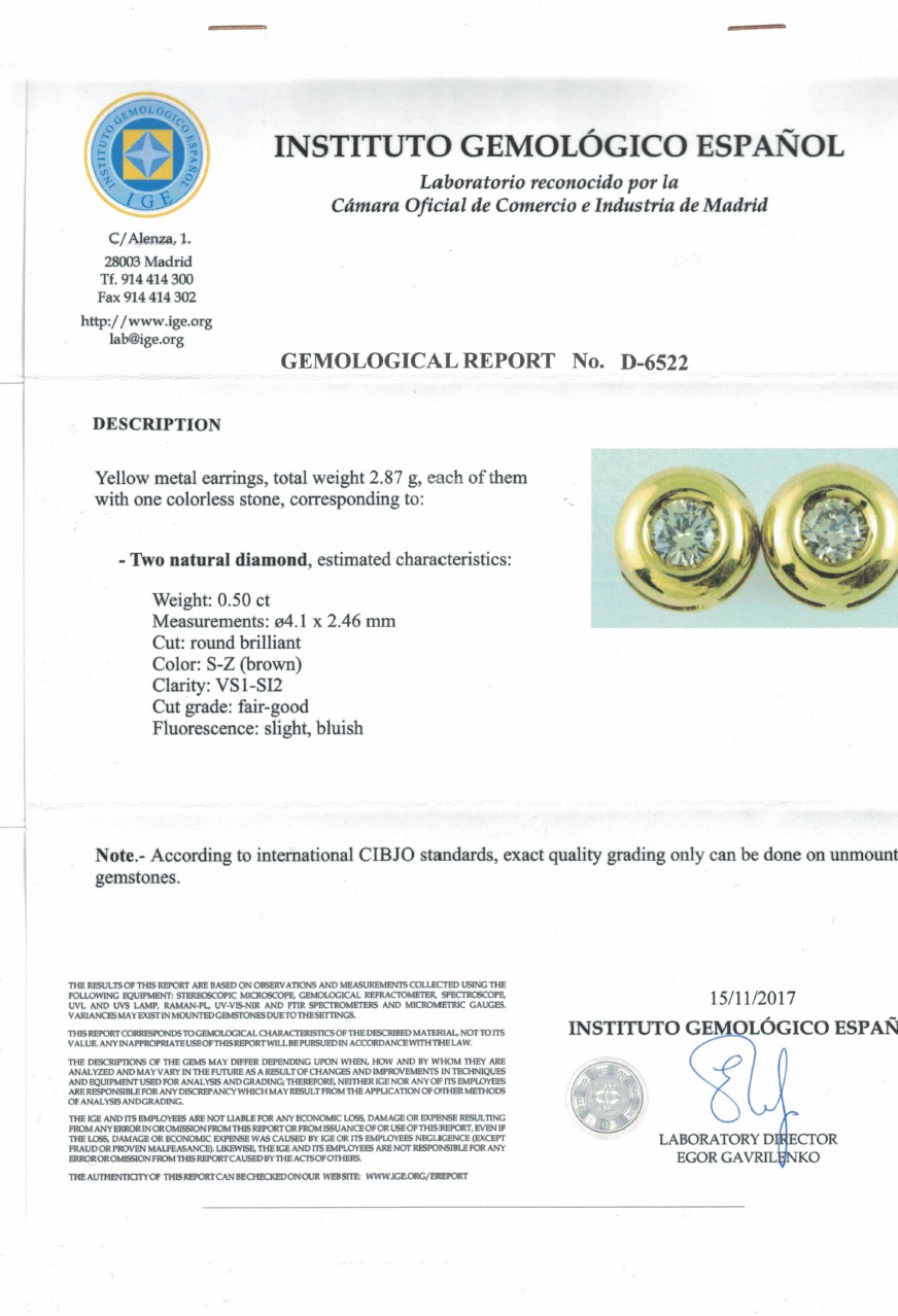 Juego de Pendientes en Oro, con Diamantes Naturales talla Brillante de 0,50 ct. (S-Z/VS1-SI2). Certificado IGE Juego de Pendientes en Oro, con Diamantes Naturales talla Brillante de 0,50 ct. (S-Z/VS1-SI2). Certificado IGE
